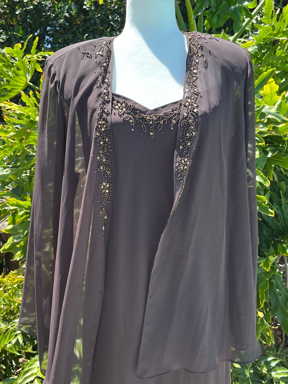 David's Bridal Brown Long Sleeve Beaded Evening Gown - Picture 4 of 14